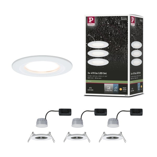 Dreierpack LED Einbaustrahler mit technischer Zeichnung, Maßen, dreistufiger Dimmfunktion und fünf Jahren Garantie.