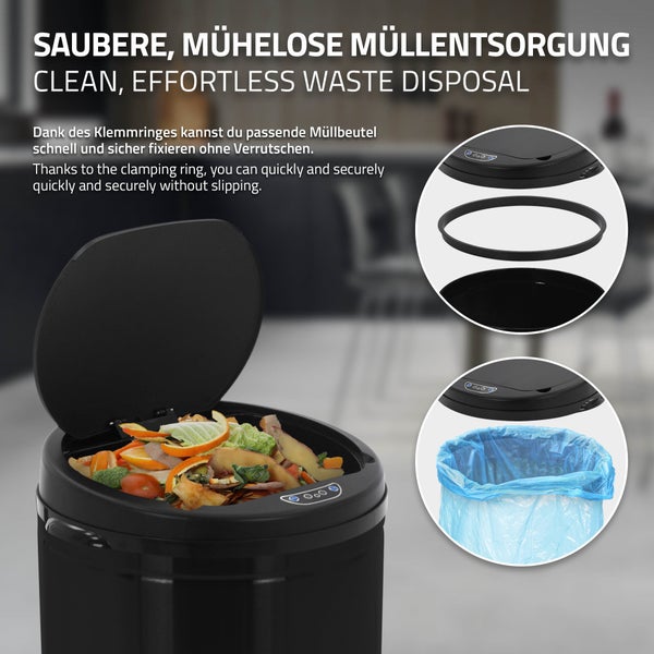 ML-Design Mülleimer mit Sensor 50L aus Edelstahl, Schwarz, Rund, automatisches Öffnen & Schließen, Abfalleimer berührungslos, Müllbehälter mit Bewegungssensor, LED-Anzeige, Klemmring, für Küche & Büro
