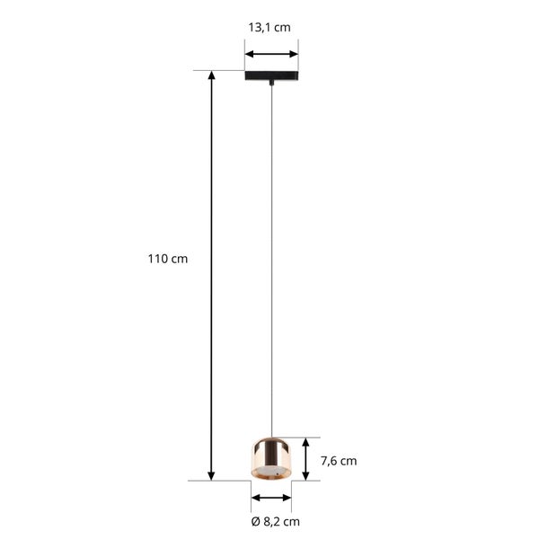 Maßskizze Pendelleuchte: Gesamthöhe 110 Zentimeter, Baldachin 13,1 Zentimeter, Lampenkopf Höhe 7,6 Zentimeter, Durchmesser 8,2 Zentimeter.