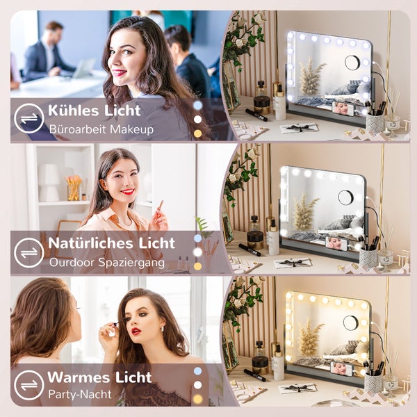 HOMCOM Hollywood Spiegel mit Beleuchtung, Schminkspiegel mit 14 LED Licht, 3 Lichtfarben, Kosmetikspiegel mit 10X Vergrößerung, USB-Ladeanschluss, Handyhalterung und Touchschalter, 360° Drehbar
