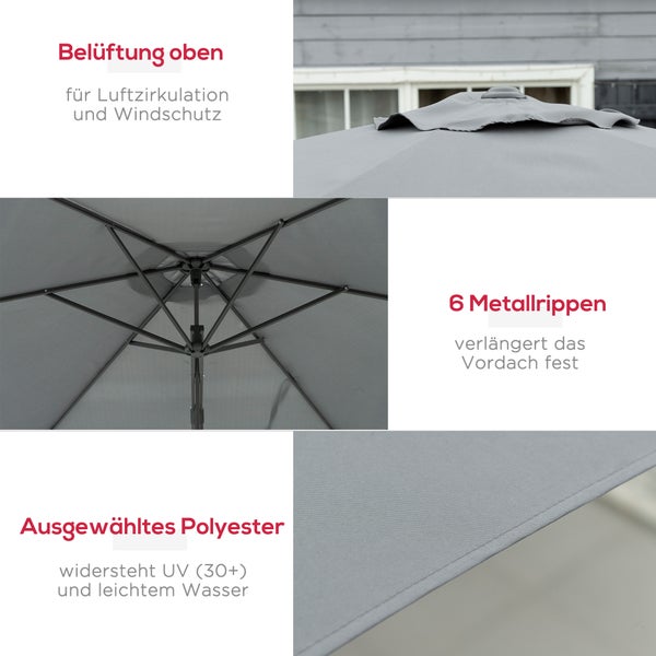 Großer grauer Ampelschirm 3 mal 3 Meter über Gartentisch mit Familie, 97 Prozent UV-Schutz, UPF 30 plus und Belüftung.