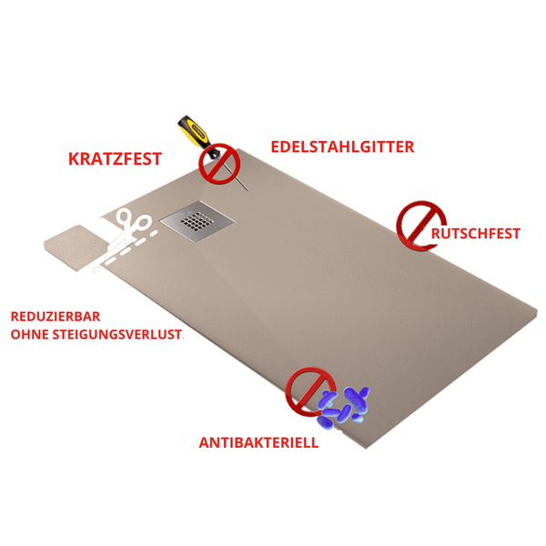 Duschwanne mit Edelstahlgitter, kratzfester, rutschfester und antibakterieller Oberfläche