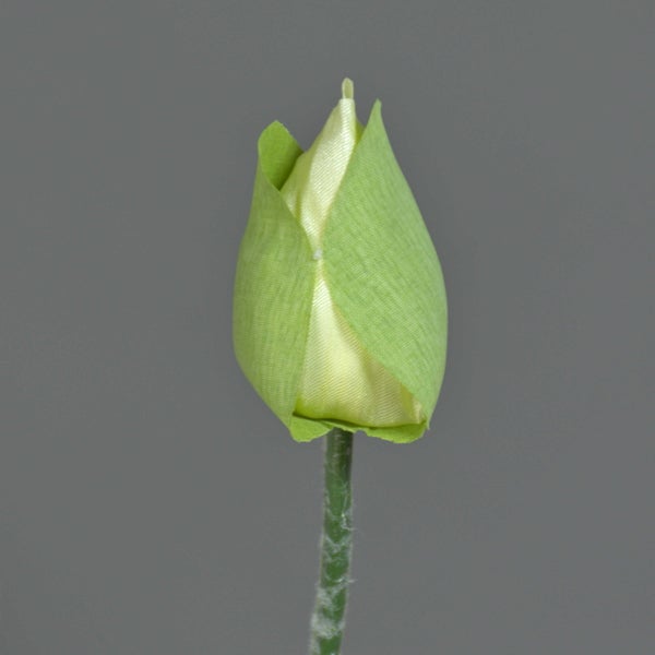 Gelbe künstliche Mohnblume mit einer geöffneten Blüte, einer Knospe und gezahnten Blättern.