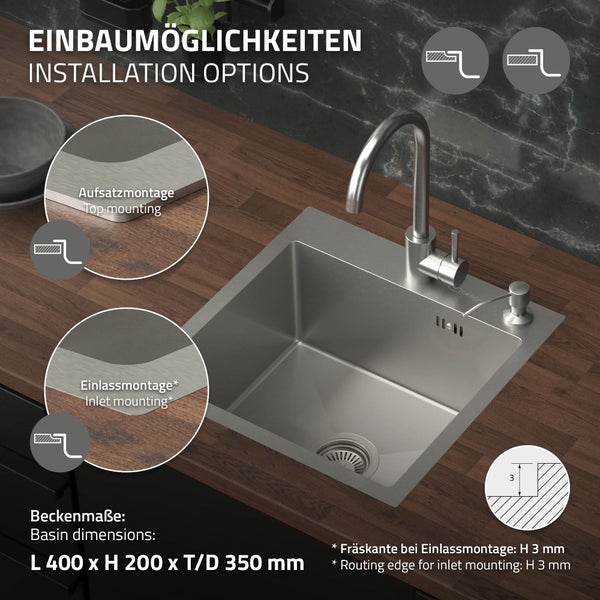 ML-Design Spülbecken Edelstahl 45x45 cm, Küchenspüle eckig, 1 Becken klein, Einbauspüle mit 2 Löchern, Edelstahlspüle mit Ab- und Überlaufgarnitur, Einzelbecken mit Siphon, Waschbecken Küche, Spüle