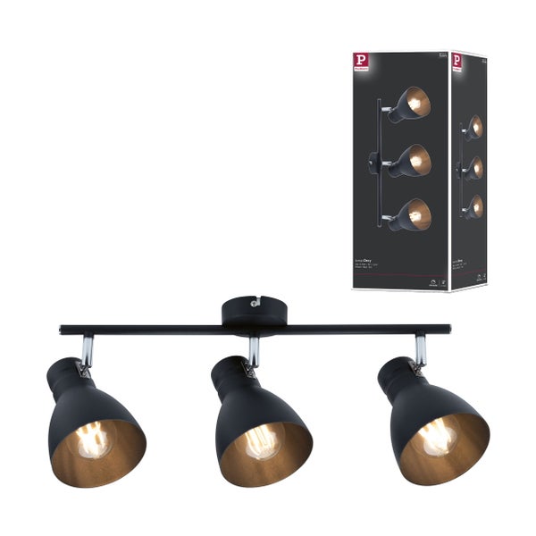 Deckenleuchte mit drei Strahlern und Produktverpackung