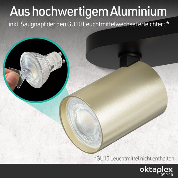 Aluminium-Spotlight mit gebürsteter Oberfläche inklusive Saugnapf zum Wechseln von GU10 Leuchtmitteln. oktaplex lighting Logo.