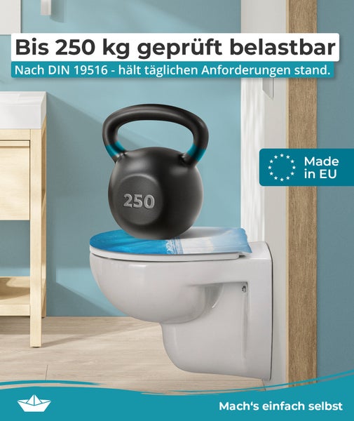 Wand-WC mit bedrucktem Toilettensitz und Kettlebell zur Veranschaulichung der Belastbarkeit bis 250 Kilogramm gemäß Norm DIN 19516.