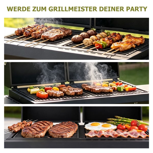 Gasgrill mit verschiedenen Speisen wie Fleisch, Gemüsespießen, Eiern, Speck und Spargel auf dem Rost.