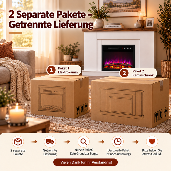 Infografik zur getrennten Lieferung von Elektrokamin und Kaminschrank in zwei separaten Paketen für Kundeninformationen.