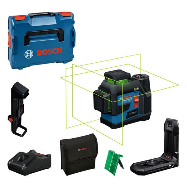 Bosch Logo. Set mit Kreuzlinienlaser mit grünem Laserstrahl, Tasche, L-BOXX, Stativ, Halterung und Akku.