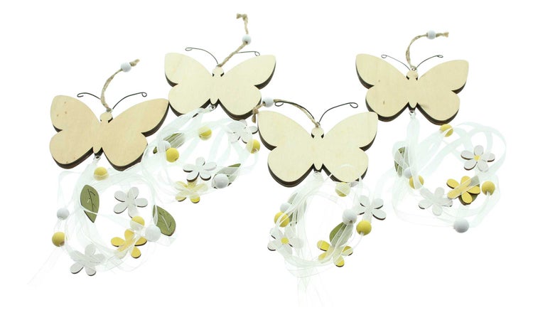 FRANK FLECHTWAREN | Hänger Schmetterling, 4er Set, HOLZ, ORGANZA, METALL, JUTE, 10,5 x 0,5 x 50 cm