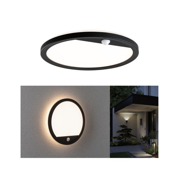LED Außenpanel Lamina Backlight Dämmerungsgesteuerter Bewegungsmelder (IR) seewasserresistent IP44 rund 280mm 3000K 14,5W 1200lm 230V Schwarz Kunststoff