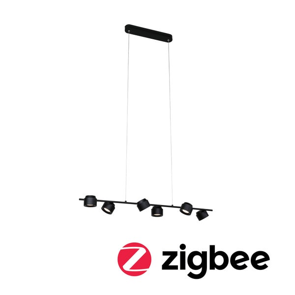 Schwarze Hängeleuchte mit fünf Strahlern und Zigbee Logo