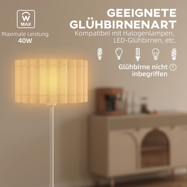 Informationen zur geeigneten Glühbirnenart für eine Stehlampe mit maximaler Leistung von 40 Watt. Glühbirne ist nicht inbegriffen.