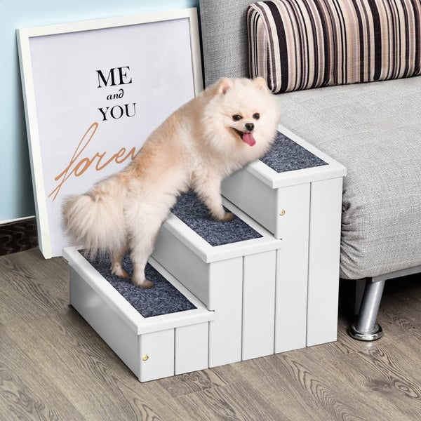 PawHut Hundetreppe 3 Stufen Katzentreppe Haustiertreppe Hundetreppe für Hunde und Katzen Tiertreppe Einstiegshilfe mit Teppich Stauraum für Sofa Bett Tannenholz Weiß 40,5 x 44,5 x 38 cm