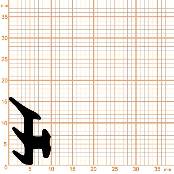 Schwarzes Dichtungsprofil im Querschnitt auf Millimeterpapier, Höhe circa 15 Millimeter, Breite circa 10 Millimeter.
