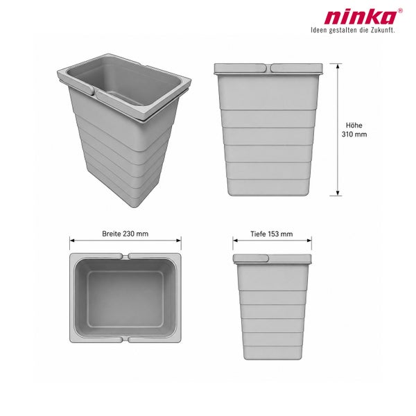Ninka Abfalleimer mit Maßangaben in Höhe 310 mm, Breite 230 mm und Tiefe 153 mm, Ninka Logo.