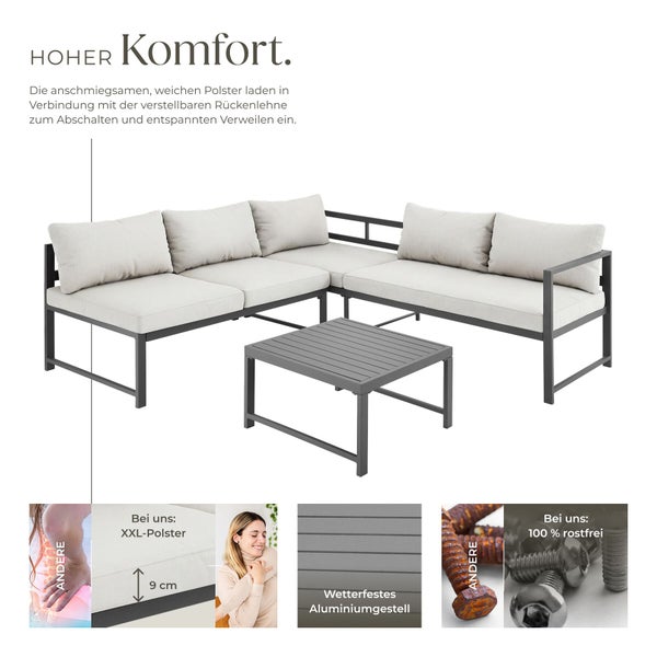Aluminium Garten-Lounge-Set mit Ecksofa, verstellbarer Rückenlehne, Tisch, 9 Zentimeter dicken Polstern und rostfreien Edelstahlschrauben.