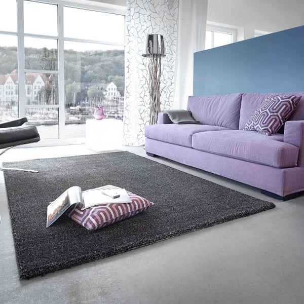 Moderner heller Wohnraum mit einem großen dunkelgrauen Teppich, einem lila Sofa und bodentiefen Fenstern mit Blick auf den Hafen.