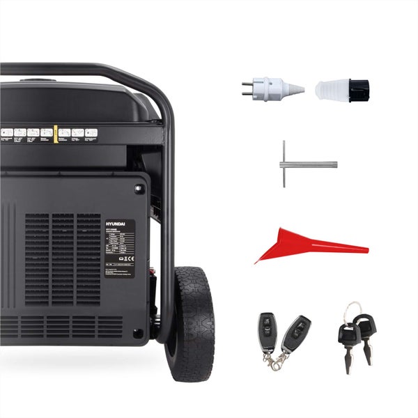 Hyundai Inverter Stromerzeuger HY11000iE mit Zubehör: Stecker, Zündkerzenschlüssel, Trichter, Fernbedienungen und Schlüssel.