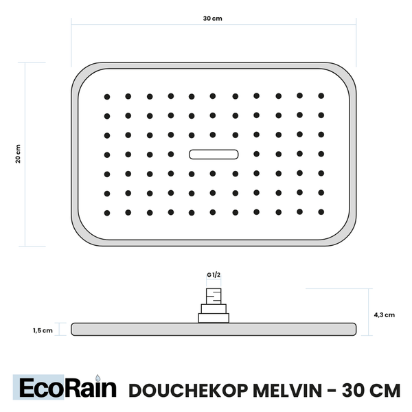 EcoRain 30% Wassersparender Regendusch-Duschset Melvin 30 CM - Handbrause 13 CM - Hoher Druck - Universell - Anti-Kalk Duschkopf - Schwarz