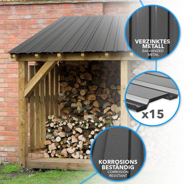 FLOORDIREKT Trapezblech - 115 x 45 cm - Profilblech - Stärke 0.25 mm - 15er-Set - inkl. Schrauben - 7,7 m² - Dunkelgrau