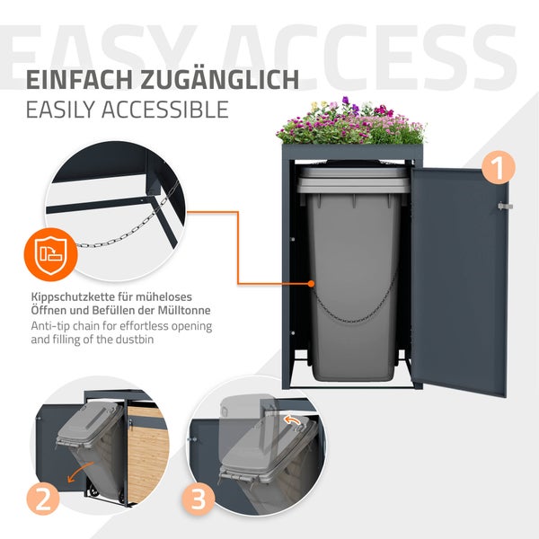 ML-Design Mülltonnenbox 1er mit Pflanzdach für 1 Tonne, 240L, 68x80x124 cm, Lärchenoptik, Stahl, wetterfest, Abschließbare Mülltonnenverkleidung mit Tür, Müllbox Mülltonnecontainer Mülltonnenabdeckung