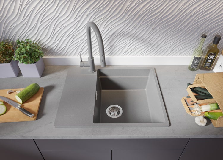 PRIMAGRAN Spülbecken Grau 62x50cm, Granitspüle 1 Becken + Ablauf-Set + Aufrollbare Abtropffläche, Küchenspüle ab 50er Unterschrank - San Francisco