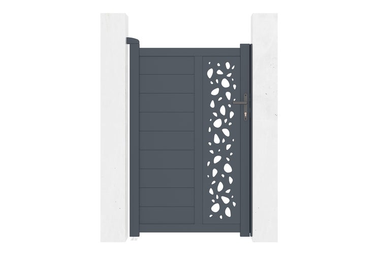 Modernes Gartentor aus Aluminium in Anthrazit mit dekorativem Lochmuster und Drückergarnitur.