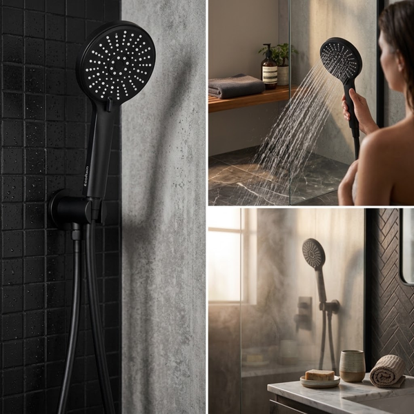Moderne Handbrause in dunklem Design in einer Duschkabine mit Wandhalterung und laufendem Wasserstrahl in einem stilvollen Badezimmerambiente.