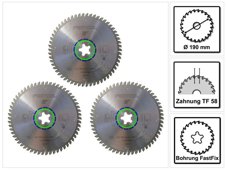 Festool Spezial Kreissägeblatt Set TF58 3x 190 x 2,6 mm 190 mm ( 3x 492051 ) 58 Zähne