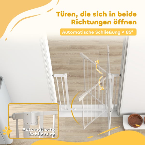 Weißes Türschutzgitter aus Metall, öffnet in beide Richtungen und schließt automatisch bei einem Winkel von weniger als 85 Grad.