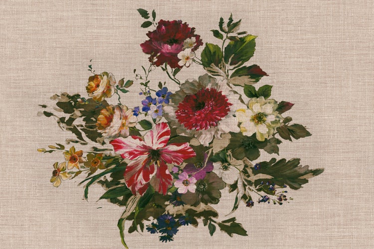 Tapete mit floralem Blumenstrauß Motiv auf strukturierter Textiloptik.