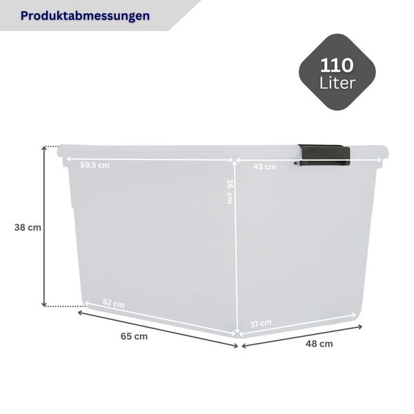 Kunststoffbox mit 110 Liter Fassungsvermögen und Produktabmessungen: Höhe 38 Zentimeter, Breite 65 Zentimeter, Tiefe 48 Zentimeter.