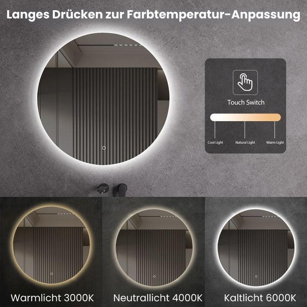 LED Spiegel Ø 60/80/100 cm mit Spiegelheizung Warm-/Kaltlichteinstellung Badspiegel
