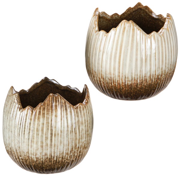 Zwei dekorative, gerippte Übertöpfe aus Keramik