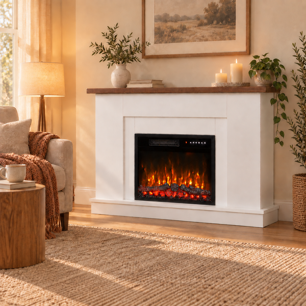 Elektrischer Kamin mit weißer Umrandung und Holzsims in einem gemütlich eingerichteten Wohnzimmer mit warmem Licht.