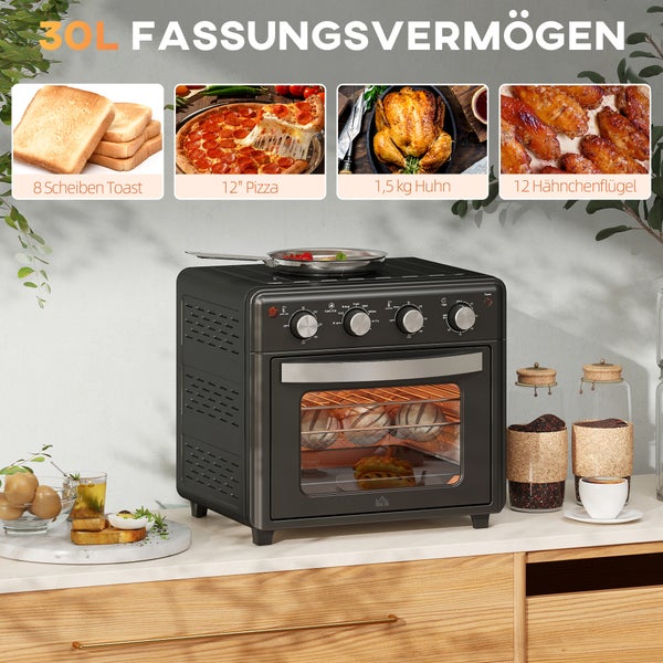HOMCOM Minibackofen mit Umluft 30L Mini Ofen mit Backblech, Grillrost und Krümelblech, 90 °C-230 °C Heißluftfritteuse mit 7 Modi, Frittierkorb, 60 Min. Timer, 1600W, Metall