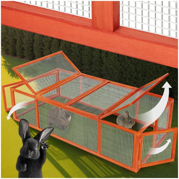 Kleintiergehege aus Holz mit Drahtgitter und aufklappbarem Dach für Kaninchen oder Meerschweinchen zur Nutzung im Garten