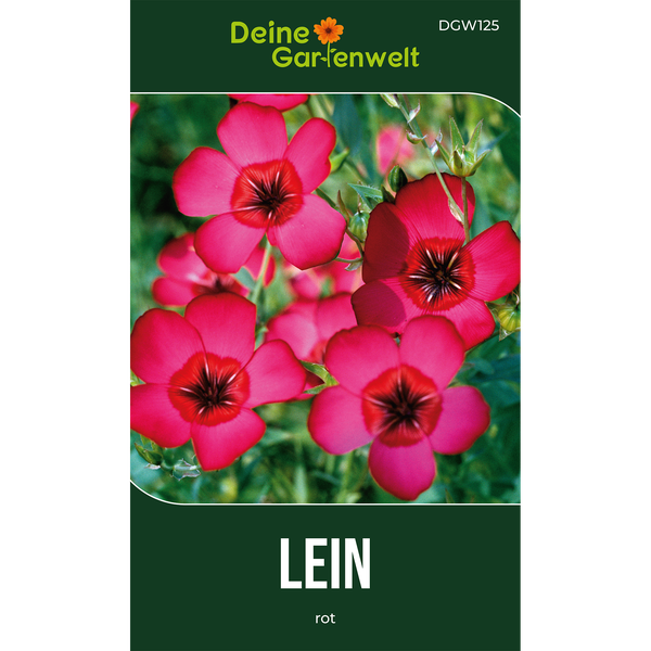 Samentüte für roten Lein von Deine Gartenwelt mit einer Abbildung blühender roter Blüten.