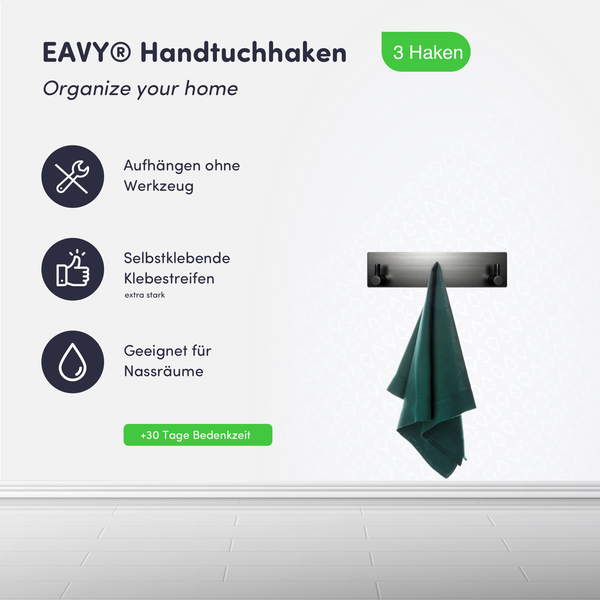EAVY Handtuchhaken mit drei Haken in Schwarz, selbstklebend, werkzeuglose Montage, geeignet für Nassräume.