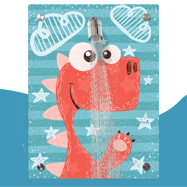 fredis Kinderdusche Motiv Dino flexible Duschwand mit Motiv, Montage ohne Bohren