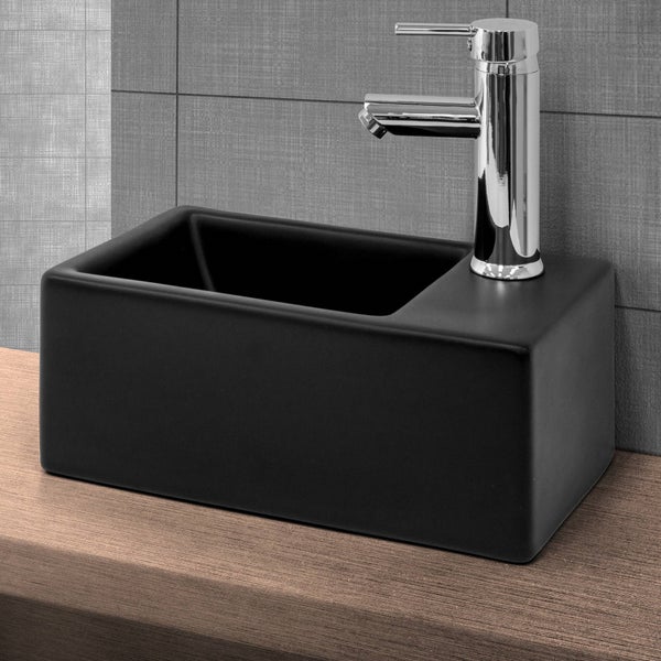 ML-Design Waschbecken Keramik Schwarz matt 35,5x20,5x12,5 cm klein inkl. Ablaufgarnitur, Moderne Aufsatzwaschbecken ohne Überlauf, Hahnloch rechts, Waschtisch Waschschale Waschplatz, für Badezimmer
