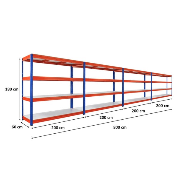 Langes Lagerregal mit mehreren Ebenen und den Maßen 180 cm Höhe, 60 cm Tiefe und 800 cm Breite