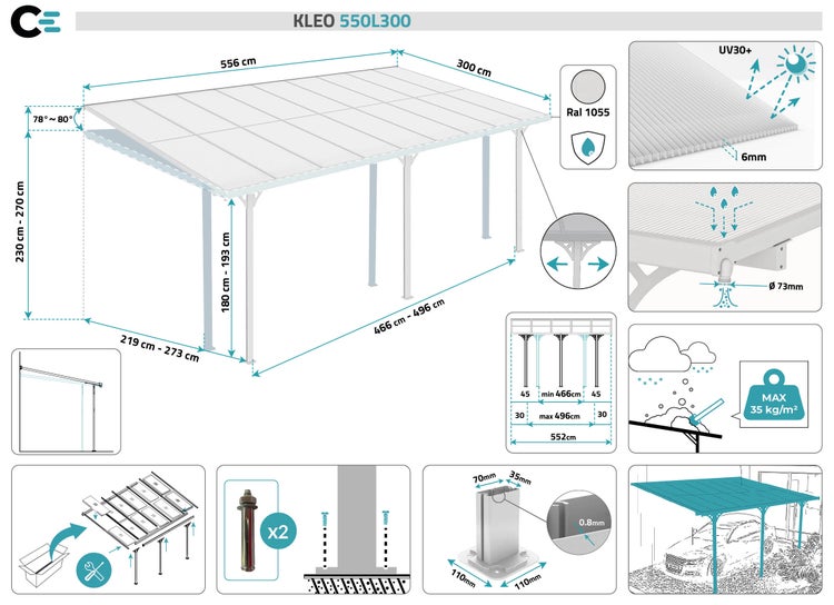 Terrassenüberdachung garten alu Weiß KLEO - Höhe verstellbar 556x300x225/270 cm - mit Polycarbonat Dach Weiß halbtransparent 6mm Auch Pergola/Carport