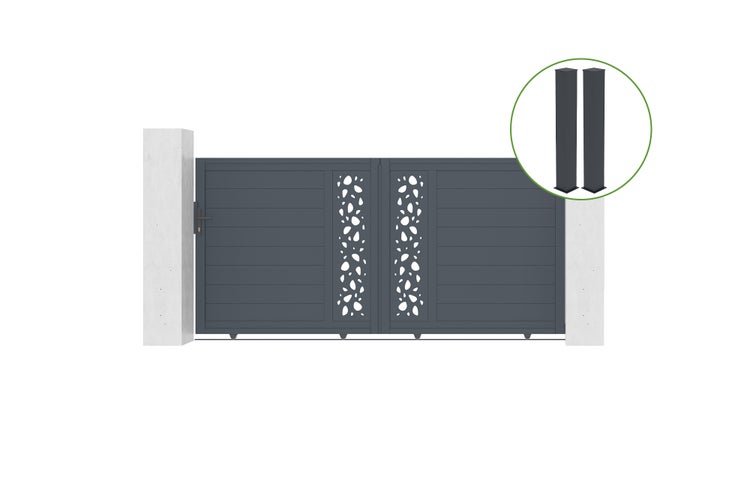Doppelflügeltor mit Blattmuster und zwei Torpfosten