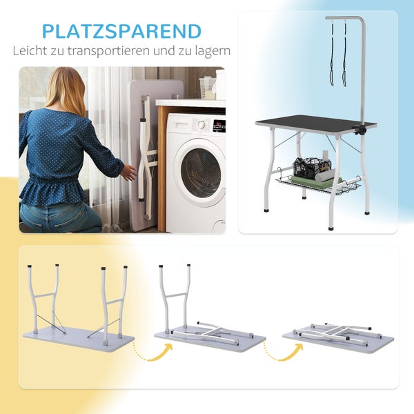 PawHut Hundepflegetisch, Trimmtisch für Hunde, klappbar Schertisch, Haustierpflegetisch mit Netzkorb, Schlingen, für Haartrocken, Haarschneiden, bis 40kg belastbar Schwarz+Weiß