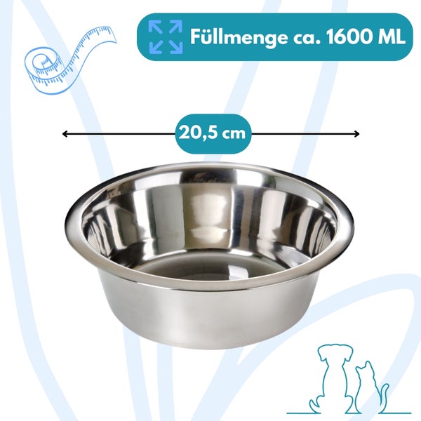 Edelstahlnapf mit einem Durchmesser von 20,5 cm und einem Fassungsvermögen von circa 1600 ml.