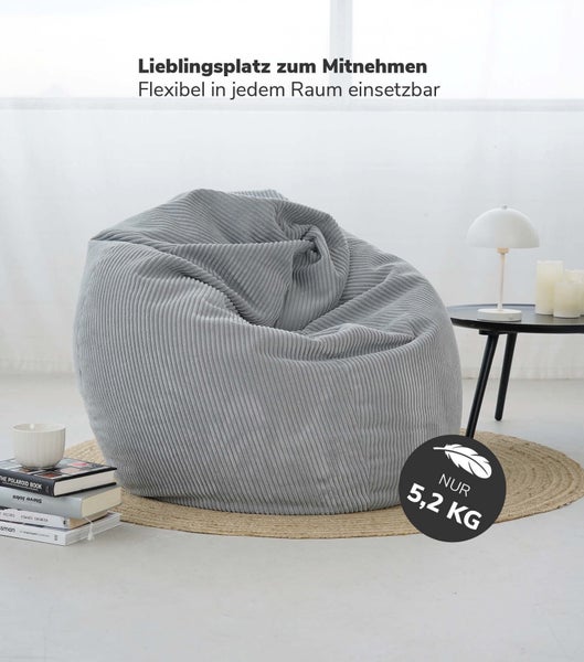 mokebo Sitzsack Cord XXL in Grau 'Der Tagträumer', Bean Bag mit EPS-Perlen Füllung