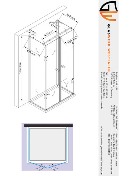 Technische Zeichnung einer Duschkabine mit Maßangaben